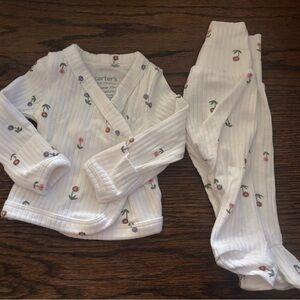 Carter's White Ribbed Floral Baby Pajama Set with Pink and Green Accents